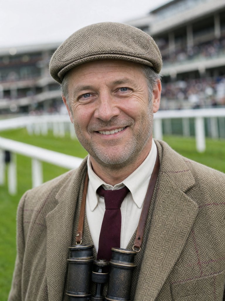 Portrait of Harry Whitcombe, the fictional Furlong Club host